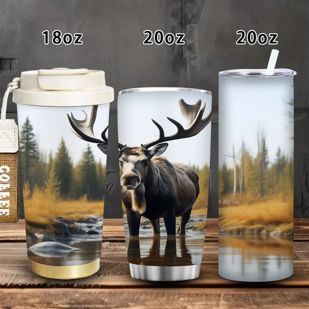 1pc 18oz/20oz Majestic Moose Stainless Steel Tumbler with lid and straw, winter insulated travel mug, gift for women and men, ideal for Valentine’s Day, Easter, birthday gifts, iced/hot coffee cup