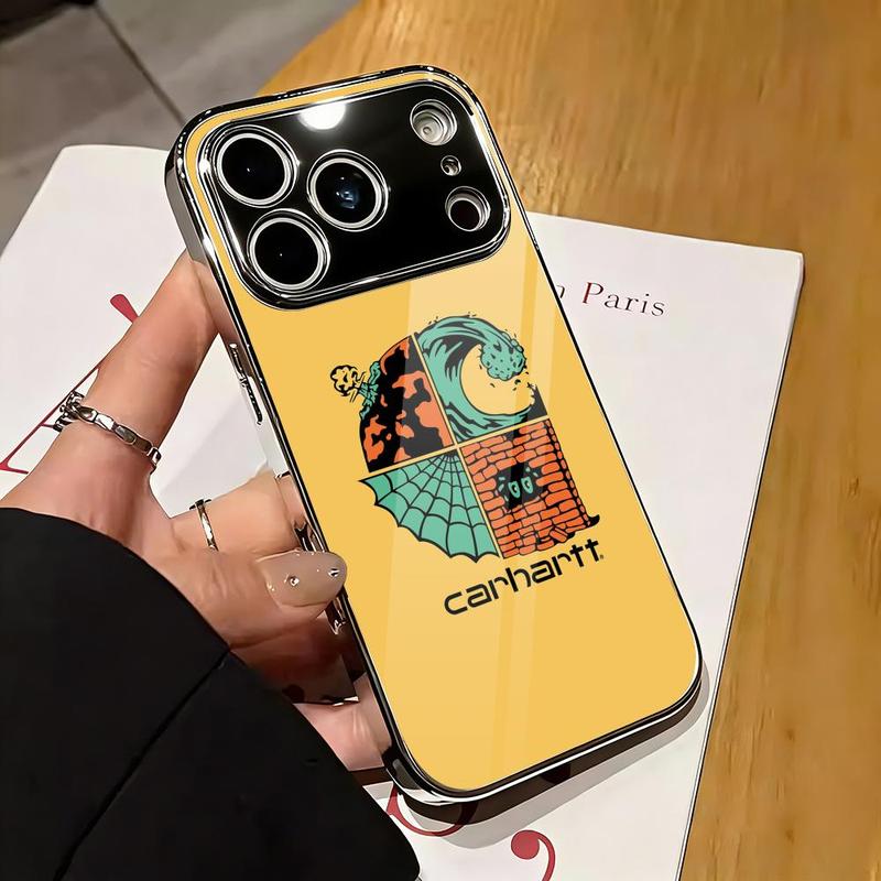 Famous Trend C-C-Carhartt Phone Case For iPhone 17 16 15 14 13 12 Pro Max Plus Electroplated Metal Bumper Case Slim Tempered Glass Back Shockproof Anti-Scratch Luxury Case Fashion Durable Stylish