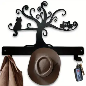 1pc Metal Wall Mounted Rack Hook, Owl & Cat On Tree, Wall Hanging Key Holder, Decorative Key Hanger Iron Crafts Wall hanging Towel Rack, Coat Rack, Organizer, Storage Rack, Hook for Wall, Iron Art, Coat Hanger
