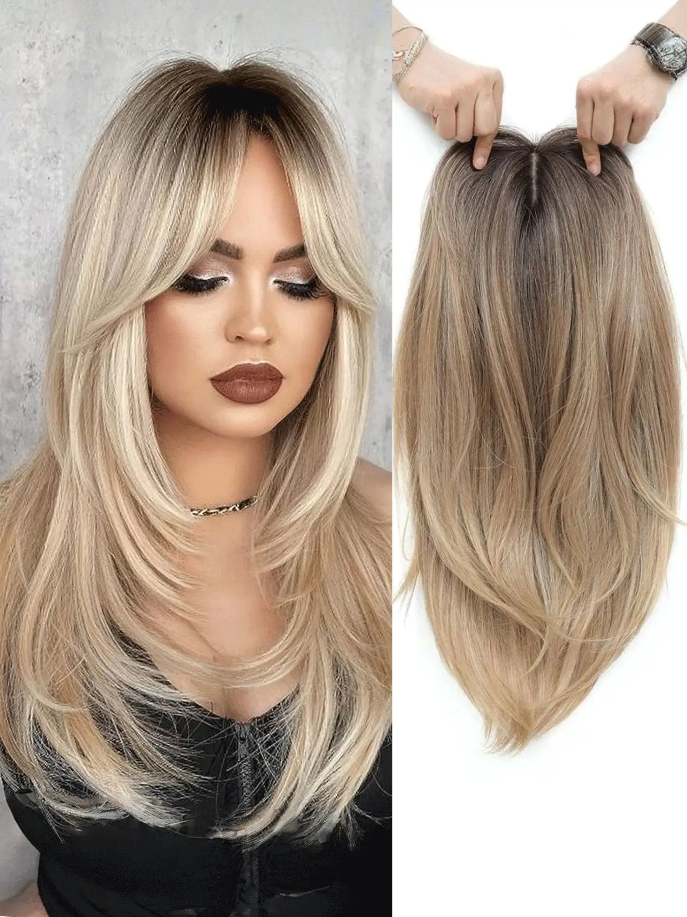 Ombre Dark Root to Blonde 18 Inch Long Hair Toppers Glueless Synthetic Hair 360° 3D Clip in No Glue Fringe Blunt Wispy Bangs Natural Hair Pieces for Ladies with Thinning Hair Synthetic Extensions