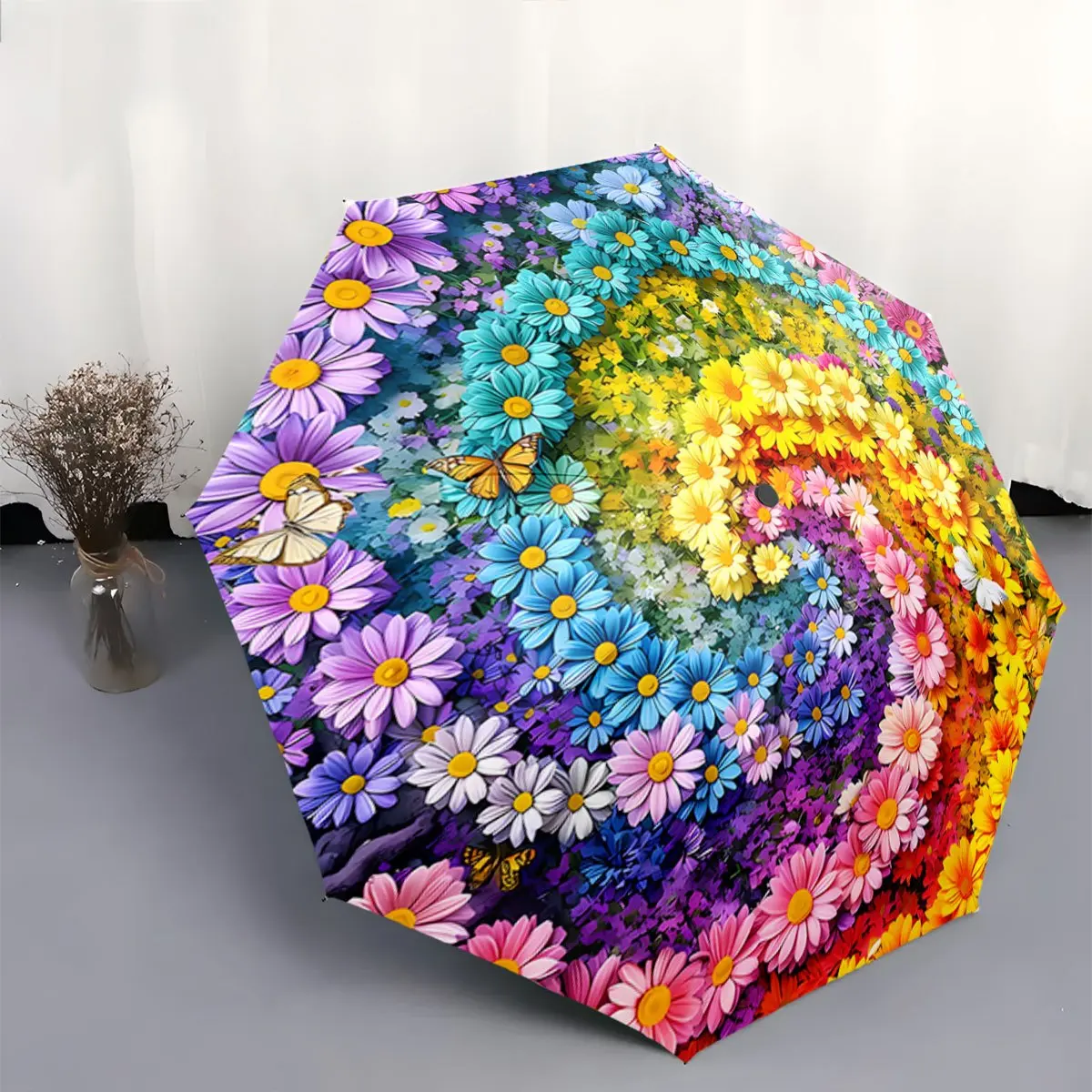 Auto Folding Rainproof Umbrella with Spiral Rainbow Floral & Butterfly Design, Portable Foldable Outdoor Accessory, Christmas Birthday Gift
