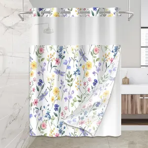 No Hook Shower Set with Snap in Liner for,with See Through Top Window,Shower with Detachable Liner,Machine Washable,Flowers,71"x 74"