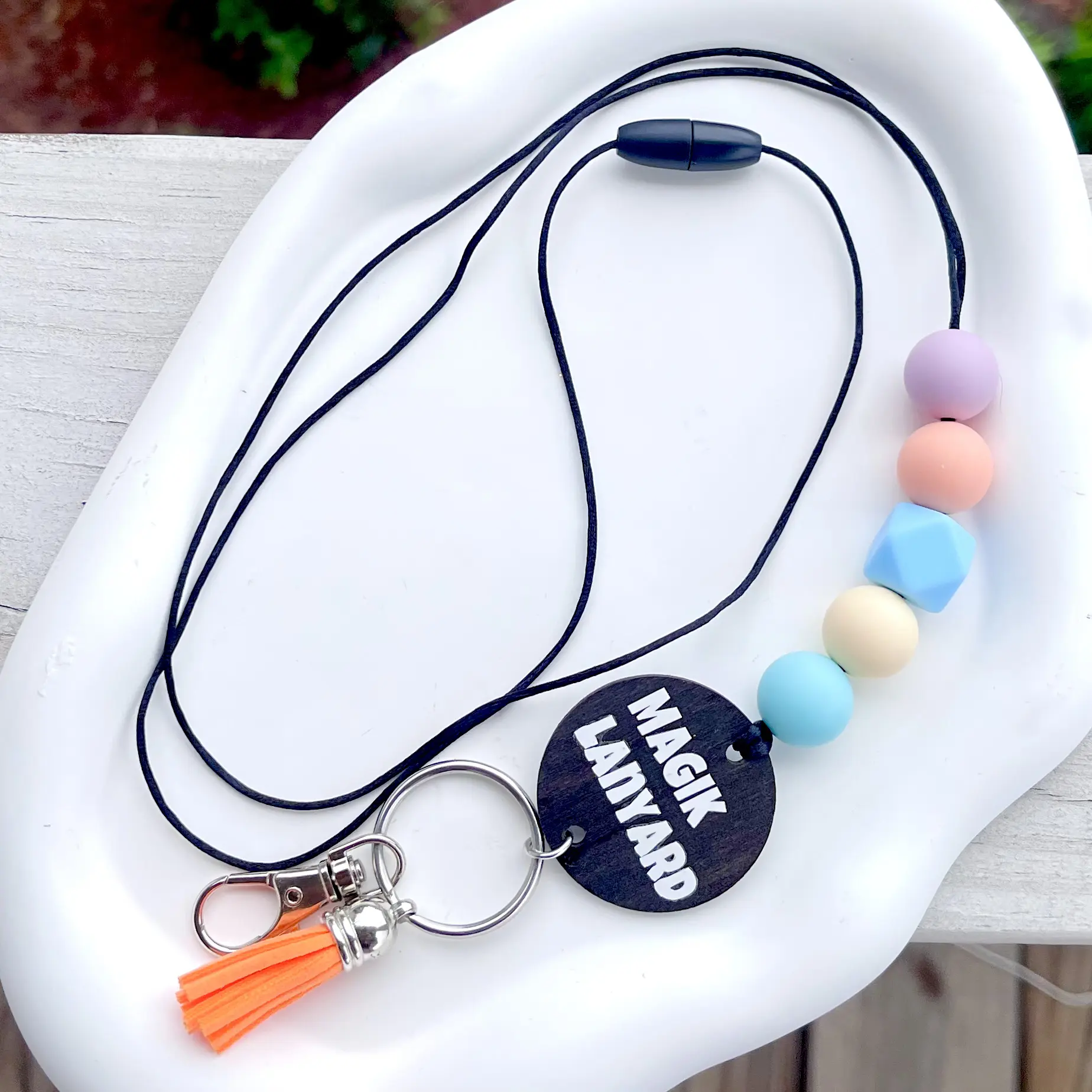 Magik Custom Name Teacher Lanyard with Breakaway Clasp Tassel on Wood Disc Adjustable Gifts Nurse Office Use