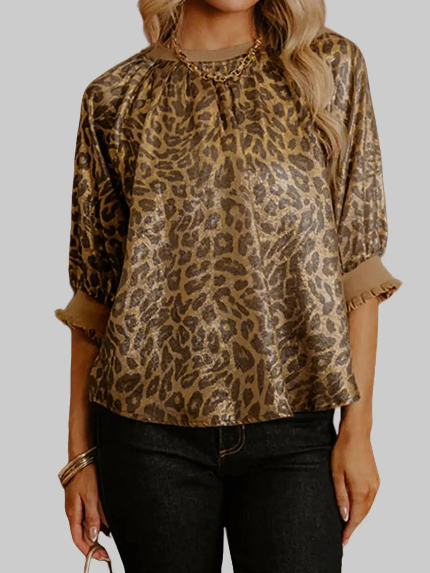 Women Gold Metallic Leopard Print Blouse Casual Round Neck Half Sleeve Top Loose Fit Shimmering Animal Pattern Shirt for Daily Party Clubwear