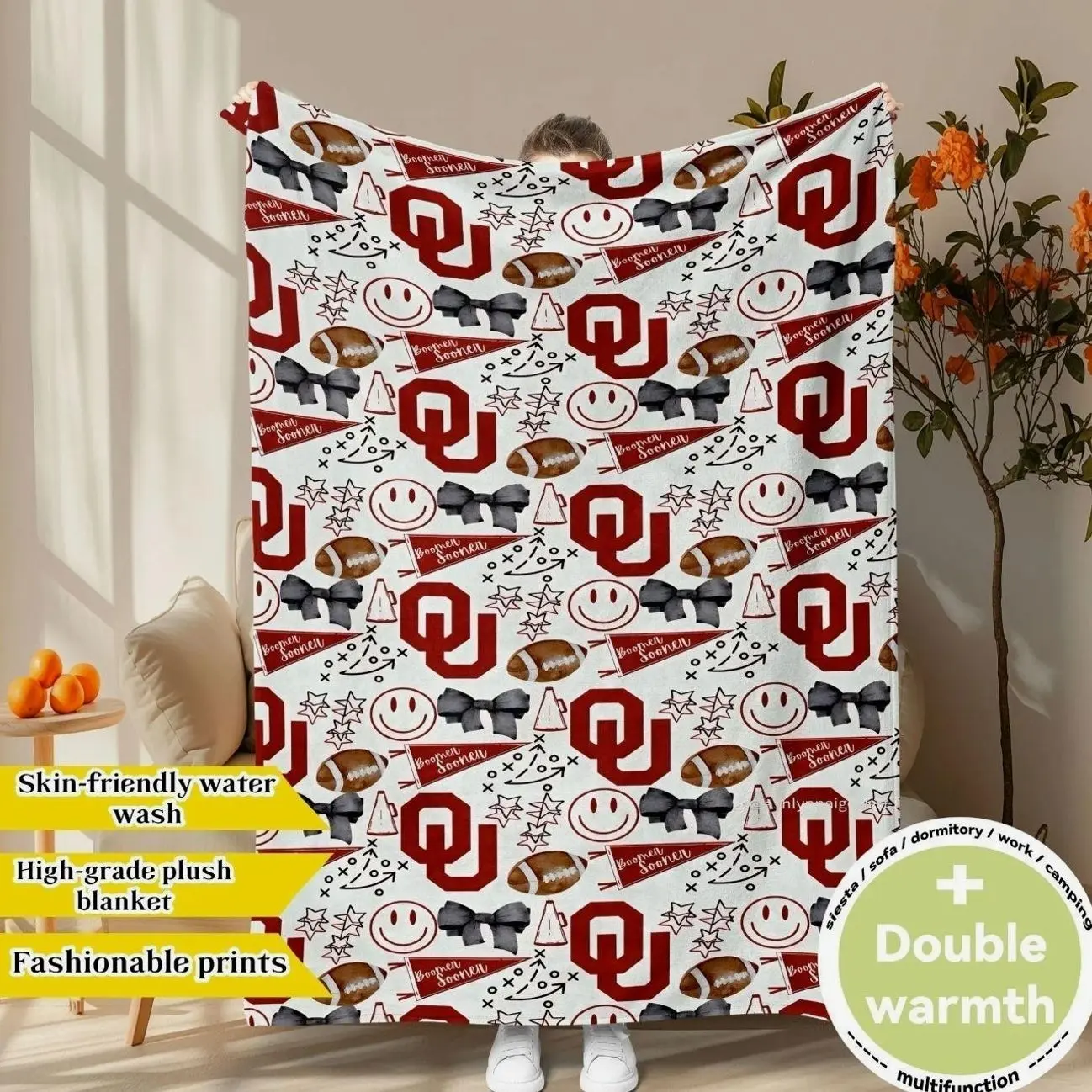 Oklahoma Sooners Girly Pattern Flannel Throw Blanket, Collegiate Team Inspired Soft Plush Blanket, Cozy Bedroom Sofa Dorm Decor Gift