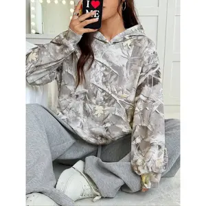 Women's Fall Winter Vintage Fashion Hoodie, Leaf Camo Print, Casual Loose Fit, Drop Shoulder, Long Sleeve, Kint Fabric