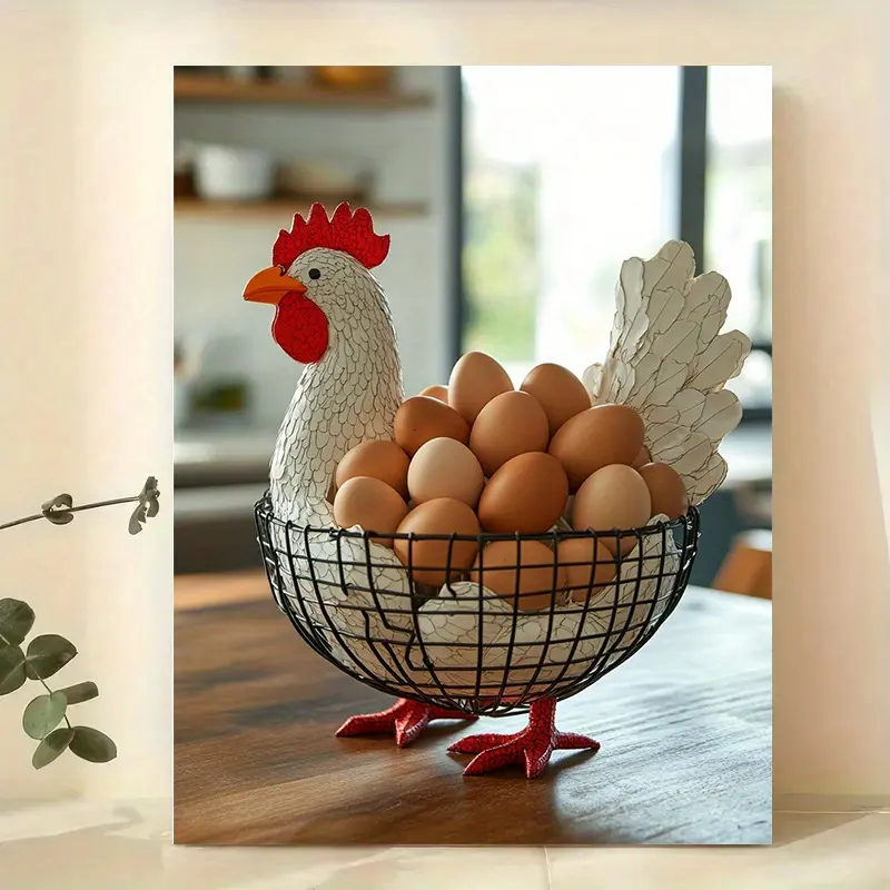 Artistic Eco-Friendly Bright Cotton Canvas Rooster & Egg Basket Wall Art - Lightweight Retro Minimalist Print, Multi-Size Rustic Farmhouse Kitchen/Bedroom Decor, Perfect Easter Gift