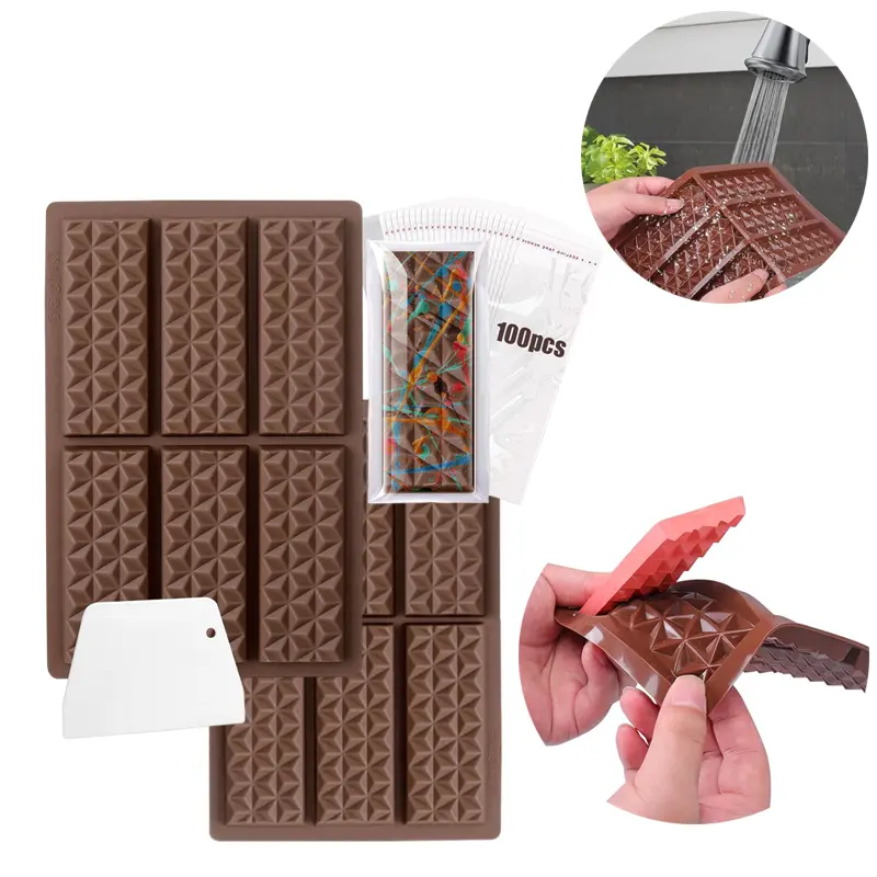 2 Pack 12 Cavities Chocolate Bar Mold Deep with Bags Scraper, Thick Chocolate Bar Mold for Stuffed Bar, Silicone Chocolate Mold for Filling Knafeh Pistachio Chocolate Bar (Diamond)