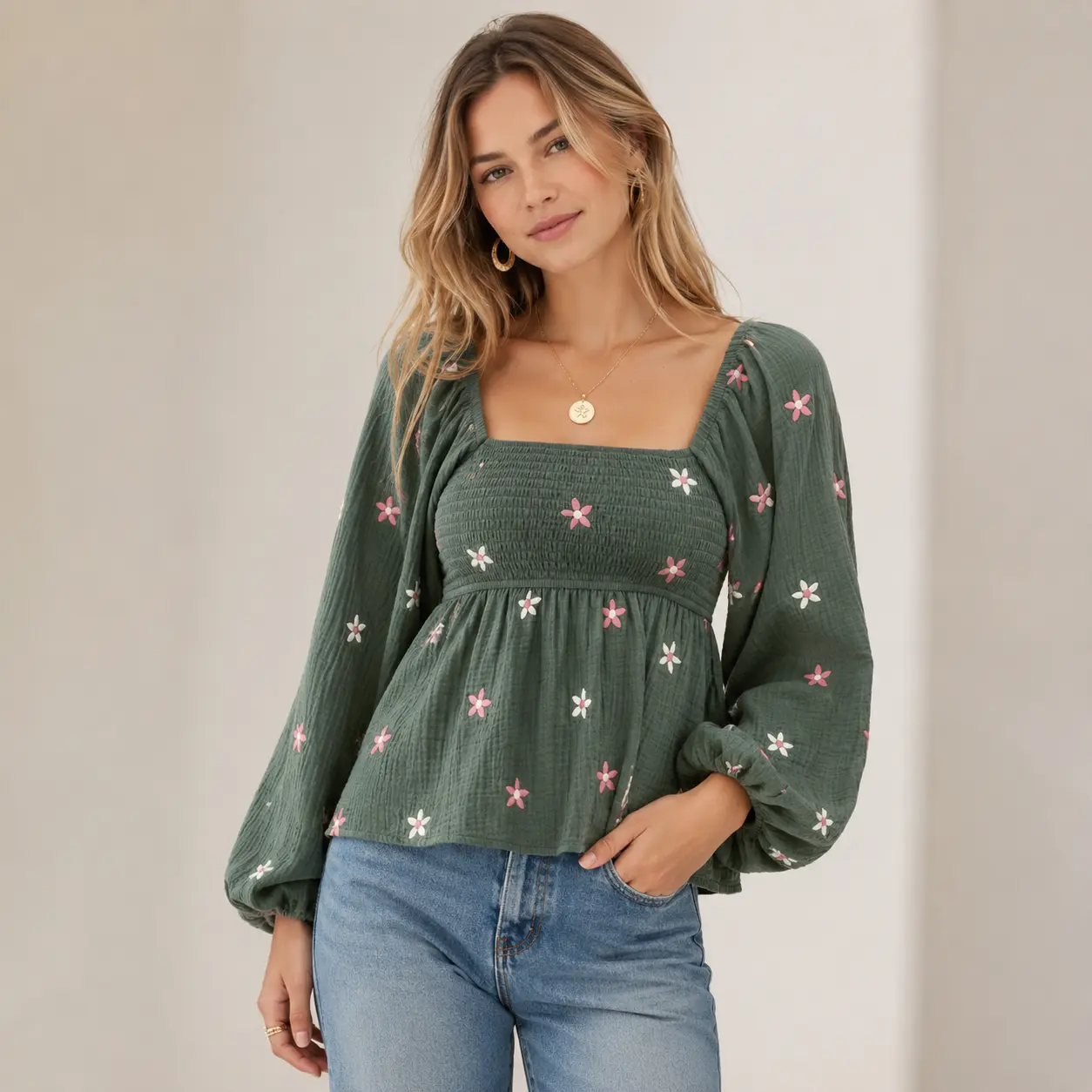 Women Floral  Embroidered Countryside Style Top, Pleated Design, High Elasticity, Casual Hundred Tower Temperament Suitable For Daily Wear