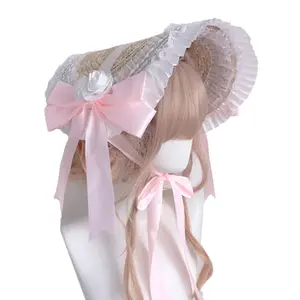 Lolita Sweet Flower Sraw Hat Ruffle Lace Headwear Elegant Ribbon for Sun