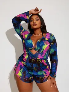 【Plus Size】Women's Y2K Neon Tie-Dye Print Romper Swimsuit, High Stretch Casual Fashion Cutout Front Halter Neck Swim Top & Long Sleeve Cover Up Romper, Vibrant Print Beachwear, Swimsuit