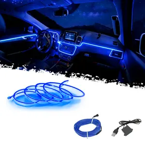DIBMS EL Wire Interior Car LED Strip Lights, USB Neon Glowing Strobing Electroluminescent Wire Lights with 6mm Sewing Edge, Ambient Lighting Kits for Cars Garden Decorations, USB Powered Car Interior Fiber Light (5M/16.5FT, Red)