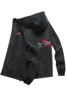 Men's Fashionable Jacket with Norway Coming Letter Print, Stylish Zipper Pockets, Casual Hooded Design, Spring & Fall Wear