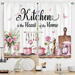 2-Panel 28"X40" Pink Rose Eucalyptus Rod Pocket Curtains - Botanical, Fabric Print, Textile Artwork, Vintage Home Curtains with Spring Butterflies & Funny Quotes for Kitchen, Farmhouse Home Decor, Botanical Curtains