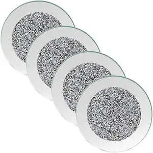 Mirrored Coaster 4 PC, Crushed Diamond Round 4" Cup Mat Decor on Tabletop for Bar Tools Dining Table
