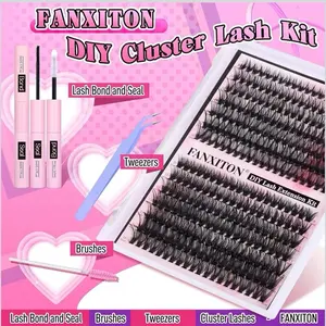 FANXITON DIY Cluster Lash Kit with Lash Bond and Seal Tweezers Brushes and Cluster Lashes for Easy Application