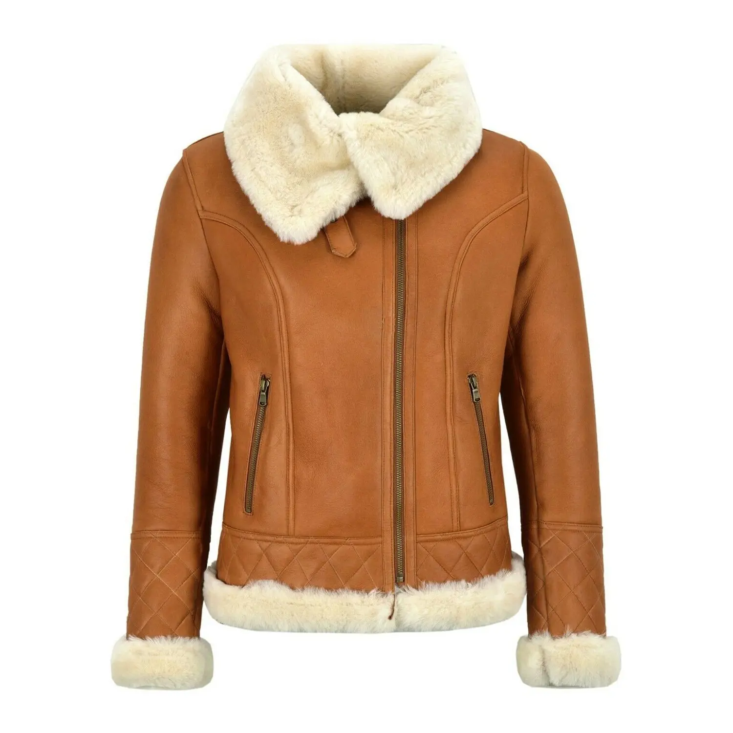 MotorCycleJackets Women's Tan Brown Bomber Real Sheepskin Leather Jacket
