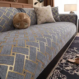 Luxury Chenille Sofa Mat with Golden Line Grid – Non-Slip Geometric sofa covers for Modern Living Rooms