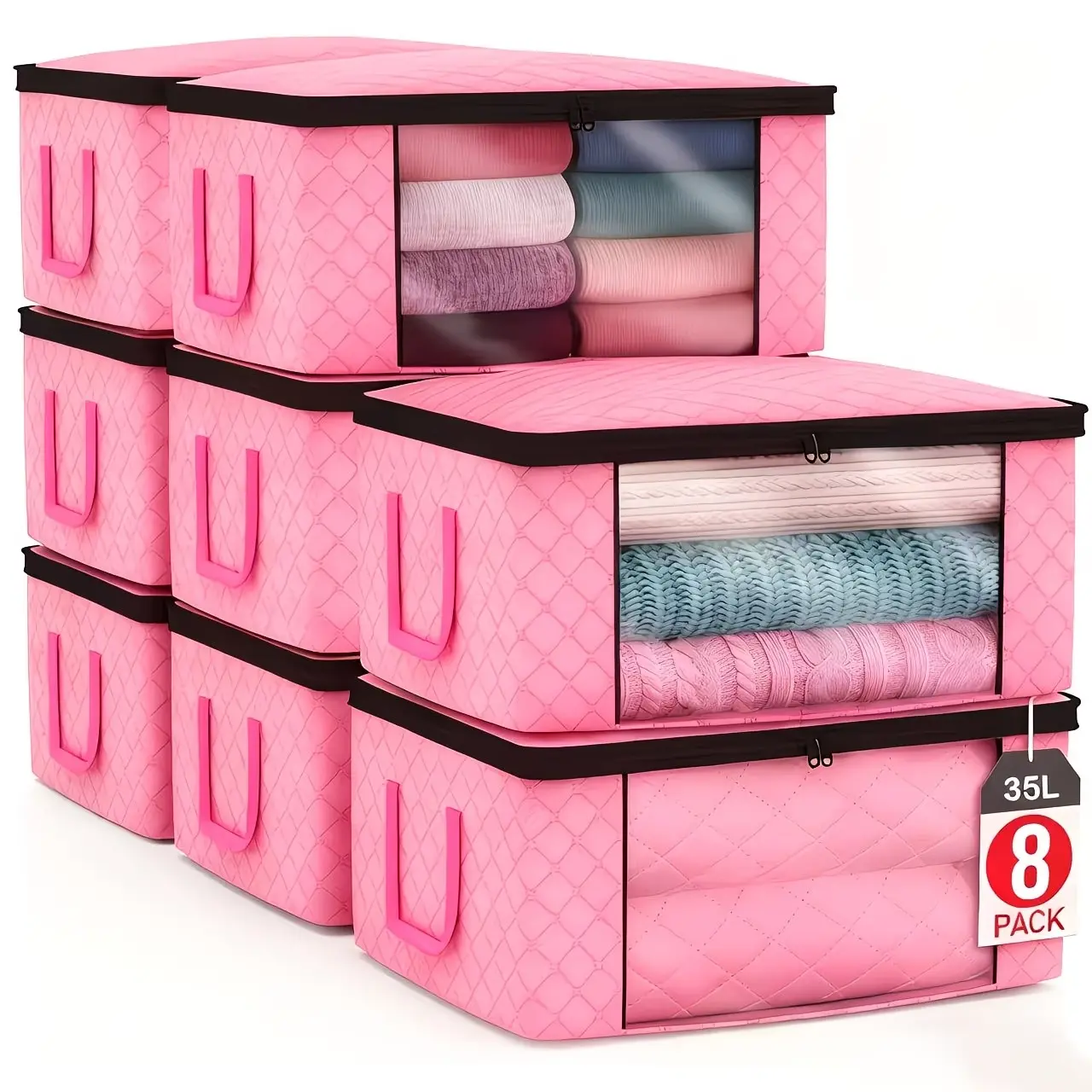 8/9/10-Pack Foldable Pink Sheet Storage Boxes with Window, Foldable Storage Bins, Folding storage containers - Non-Woven Fabric, Clear View & Space-Saving Design. For Clothes, Bedding, Seasonal Items, Underbed Storage