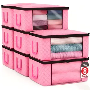 8/9/10-Pack Foldable Pink Sheet Storage Boxes with Window - Thick Non-Woven Fabric, Clear View & Space-Saving Design. For Clothes, Bedding, Seasonal Items, Travel & Underbed Storage.