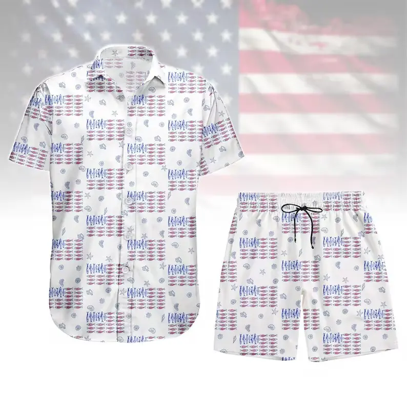 Mens Womens Fish Starfish Seashell Print Hawaiian Shirt Shorts Set Nautical Ocean Patriotic White Loose Casual Summer Beach Vacation 4th July Matching Outfit