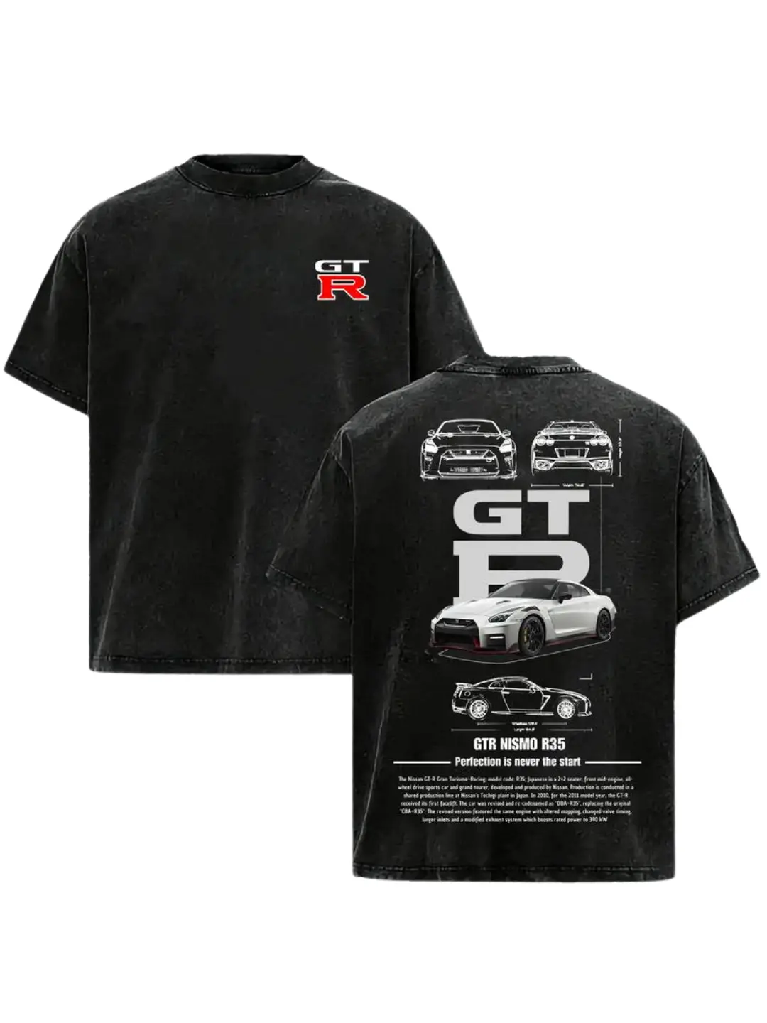 Vintage Washed GTR R35 Graphic T-Shirt | JDM Racing Culture Streetwear | Y2K Unisex Cotton Casual Tee for Men, Women & Couples Black faded vintage wash left chest mini red white GT-R badge logo print tee