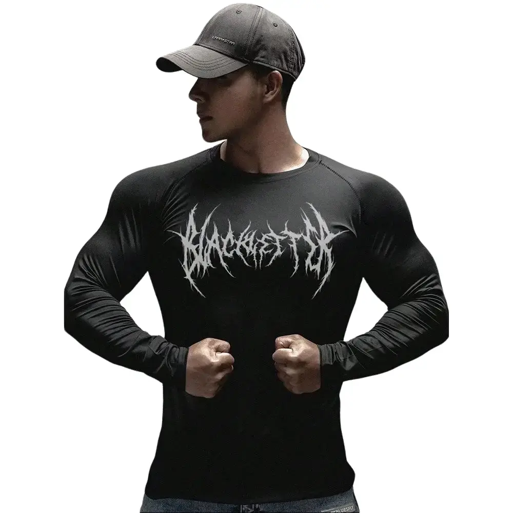 Men's Sports Shirt, Fitted Quick-Drying Long-Sleeve Performance Top with Sporty Chic Graphic Print for Male Fitness & Biking, Fitness Cycling, Crew Neck