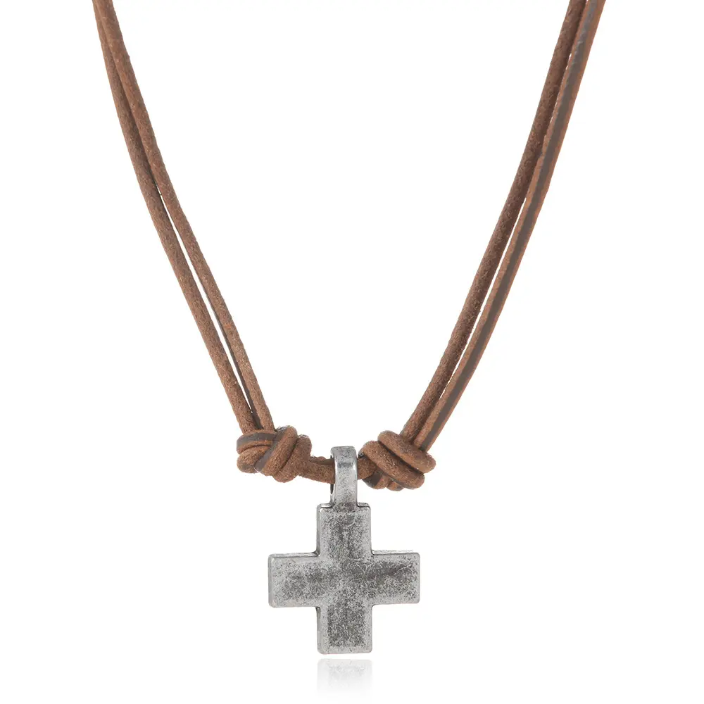 Women's Simple Retro Woven Cross Pendant Leather Necklace - Cross Chain Design, Christian Graphic, Crucifix Spiritual Jewelry, Faith Necklace, Crucifix Necklaces