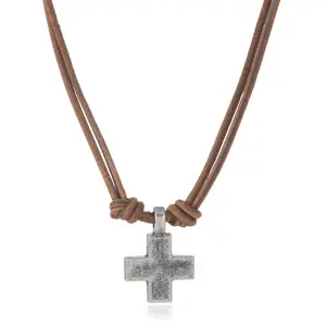 Accessories Simple Retro Woven Cross Pendant Leather Necklace