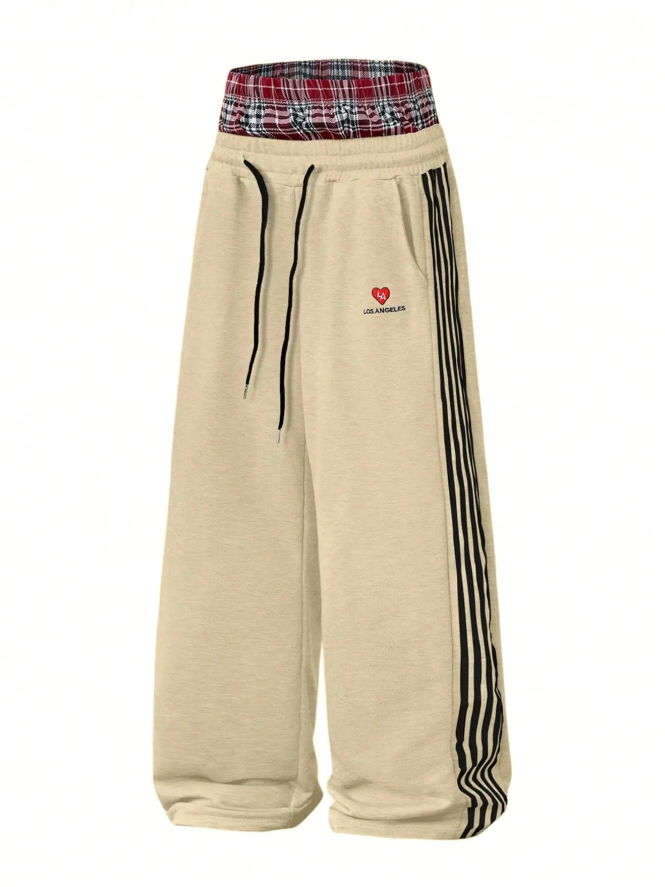 Retro Fake Two-Piece Plaid Waistband Baggy Sweatpants - Men's