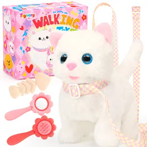 Plush Toys Electronic Toy Cat ,Tail Wagging Interactive Toy Cat with Leash,Walking and Meowing,Birthday Gift