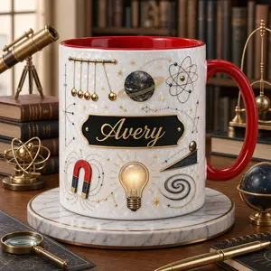 Custom Astronomy Name Mug, 2D Printed 3D Effect Ceramic Coffee Cup, Navy Gold Space Telescope Planet Light Bulb Design, Personalized Gift for Astronomy Lovers, Science Teachers, Stargazers, Birthday Christmas Gift