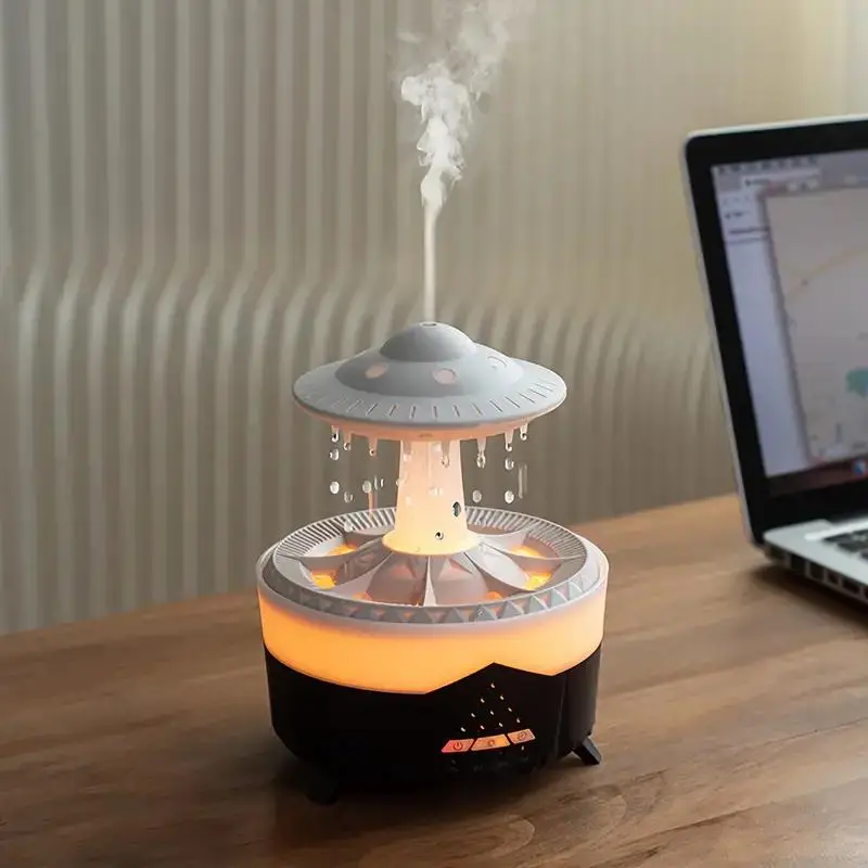 Creative UFO Rain Cloud Design Humidifier, Large Capacity Aroma Diffuser for Summer Gift, Desktop Air Humidifier, Colorful Light Raindrop Aromatherapy