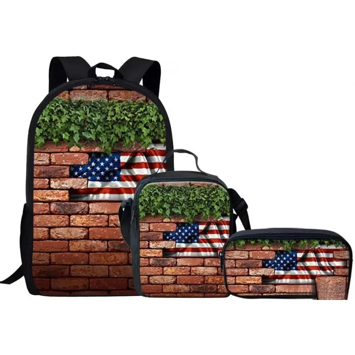 American flag wall design backpack, adult and children's three-piece set, including a school bag, lunchbox and pencil case, backpack design, suitable for school, travel and camping.