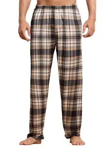 Men's Plaid Checked Classic Sleep Pants, All-Season Loose Straight Leg, Breathable Elastic Waist, Casual Home Long Pants, Spring & Fall Wear, Breathable Sleep Bottoms