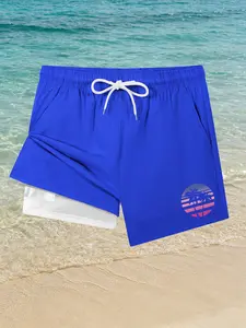 Men's Palm Tree Sunset Print 2 in 1 Board Shorts, Casual Beach Shorts with Phone Pocket and Side Pockets, Summer Quick Dry Swim Shorts Swim Trunks, Drawstring Elastic Waistband Swimwear Swimsuit Bathing Suit