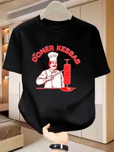 Fun Turkish Kebab Print T-Shirt, Casual Round Neck Short Sleeve, Food Chef Theme Print, Long Slim-Fitting, All Seasons