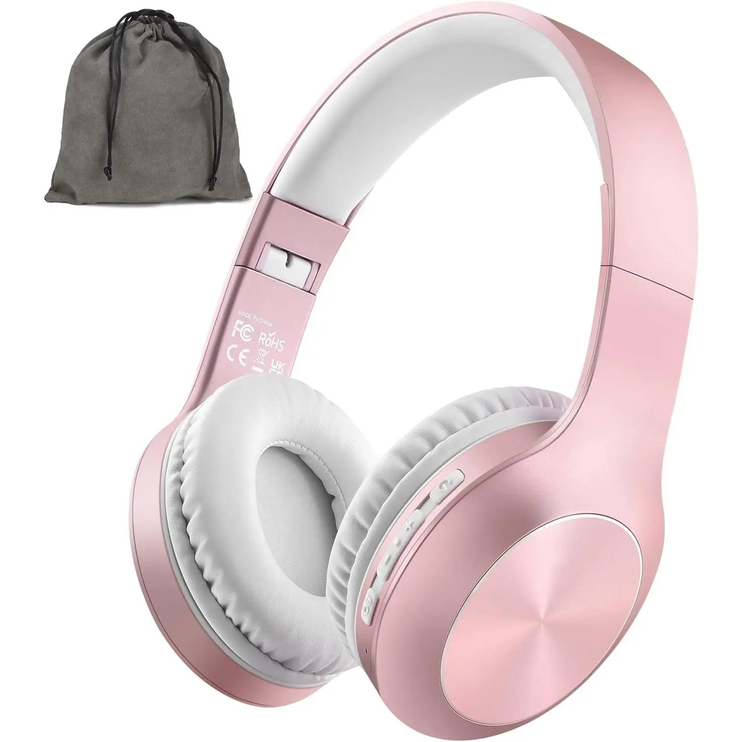 X-HPS09 Wireless Over-Ear Bluetooth Headphones with Microphone, 68H Playtime, 3 EQ Modes, Deep Bass HiFi Stereo, Portable Foldable 3.5mm Wired Connection Headset for Cellphones, Laptop, Travel (Rose Gold), Pouch