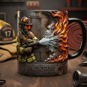 Personalized Firefighter Tribute Mug 2D Printed 3D Effect Custom Name Coffee Cup Unique Design for Firefighters Appreciation Keepsake Gift Idea Birthday Holiday Present for Him Her