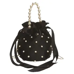 Women's Pearl Drawstring Bucket Bag – Black Satin Crossbody Shoulder Bag with Pearl Handle for Party Prom Wedding