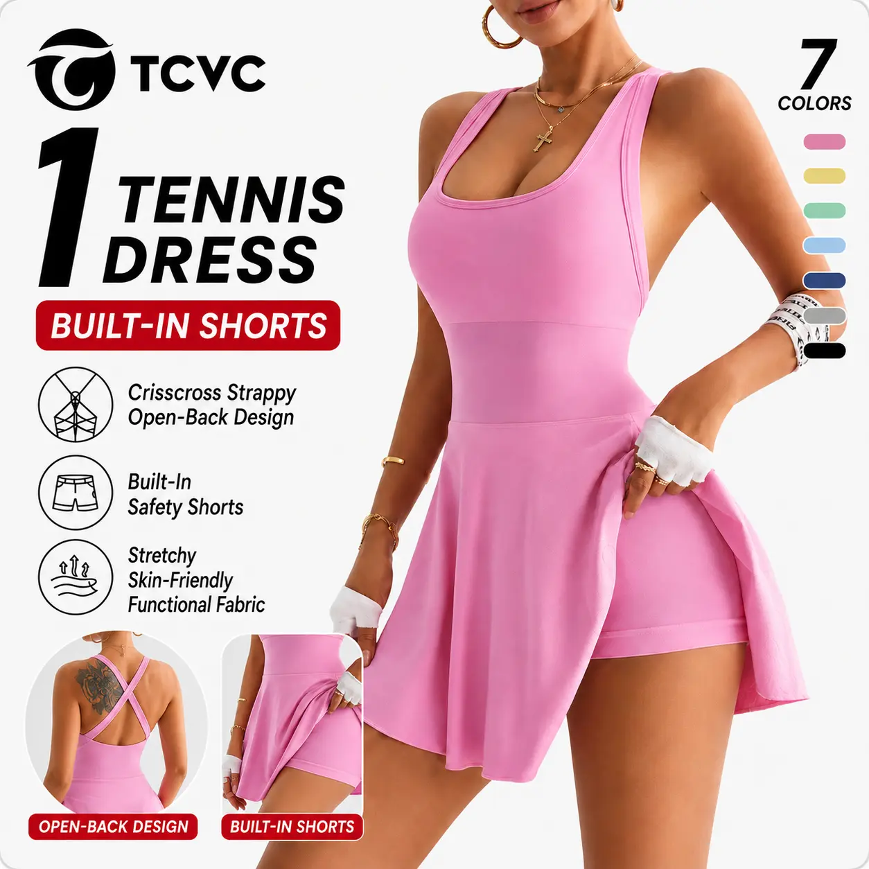 TCVC Sporty Women's Plain Square Neck Sport Dress Knitting,Sleeveless Skorts for Golf Tennis Running Ladies Activewear Indoor Outdoor Wear Tennis Attire，Suitable for Spring & Summer Wear