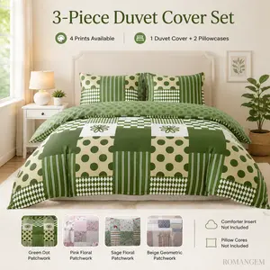 ROMANGEM 3 Piece bed comforter set, Patchwork Printed Duvet Cover Set with 2 Pillowcases, Soft Cozy Bedding Set for Bedroom Decor, Insert Not Included