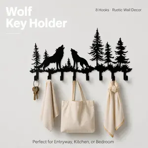 Wolf Key Holder for Wall, 8-Hook Black Metal Coat Rack, Rustic Forest Entryway Organizer for Keys, Hats & Towels