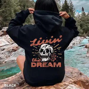 Livin' the Dream Hoodie, Vintage Distressed Skull Shirt, Oversized Retro Grunge Sweatshirt, Trendy Grunge Indie Boho Graphic Hoodie