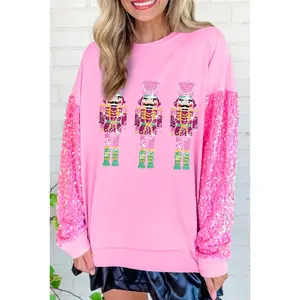 Women Nutcracker Sweatshirt Sequin Embroidered Oversized Sweater Christmas Sequins Sweatshirts Glitter Patch Crewneck Pullover Tops Sparkly Printed Xmas Long Sleeve Shirt