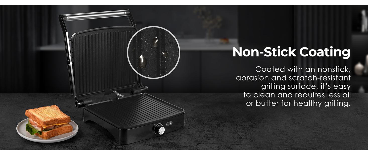 OSTBA Panini Press Grill with Adjustable Temperature 4-Slice Indoor Grill 180° Open Sandwich Maker Non-Stick Plates Stainless Steel 1200W Cast Aluminum Panini Press