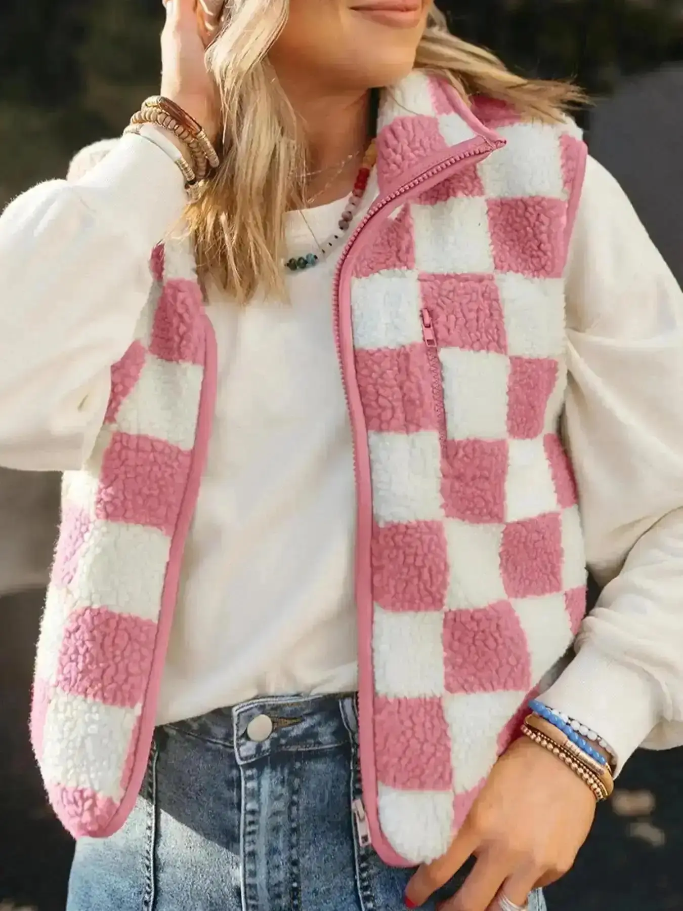Urban Women's Checkerboard Print Zip Up Fuzzy Vest Jacket, Casual Sleeveless Collared Outerwear for Winter, Ladies Clothes Daily Wear, Plaid Knit Fitted, Soft, Everyday, Womenswear, Soft Touch, Cozy Style