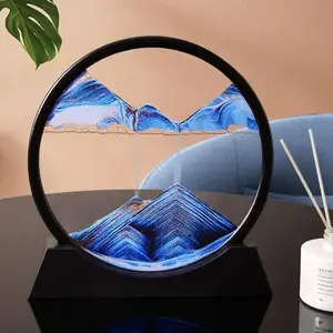 Moving Sand Art Picture, 7 Inch Round Glass 3D Deep Sea Sandscape, 360° Rotatable Dynamic Flowing Sand Frame, Eye-Relaxing Home Office Living Room Decor, Artistic Gift for All Occasions
