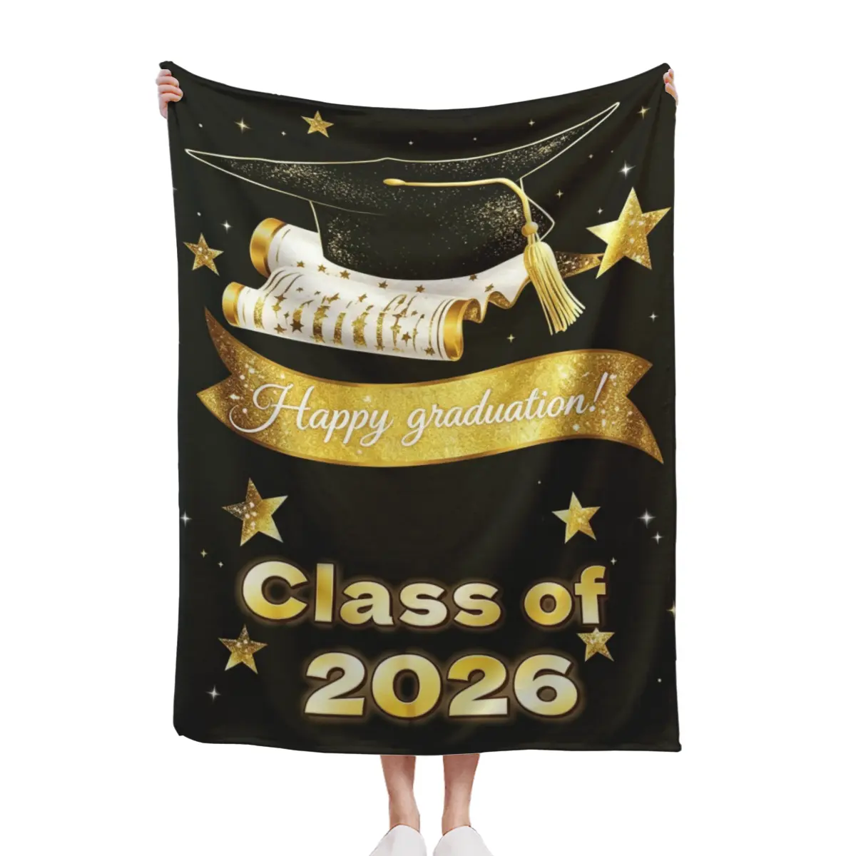 Class of 2026 Graduation Fleece Throw Blanket - Black Gold Grad Cap, Diploma Print, Anti-Allergic Quilt, Senior Grad Gift for Him/Her, Anti-Allergic Quilts