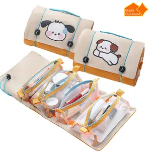 2-in-1 Large-Capacity Multi-Grid Embroidered Pups Animal Print Nylon Travel Makeup Bag - Waterproof Home Organizer with Handle Strap, Portable Modern Cosmetic Toiletry Bag for Travel & Daily Use